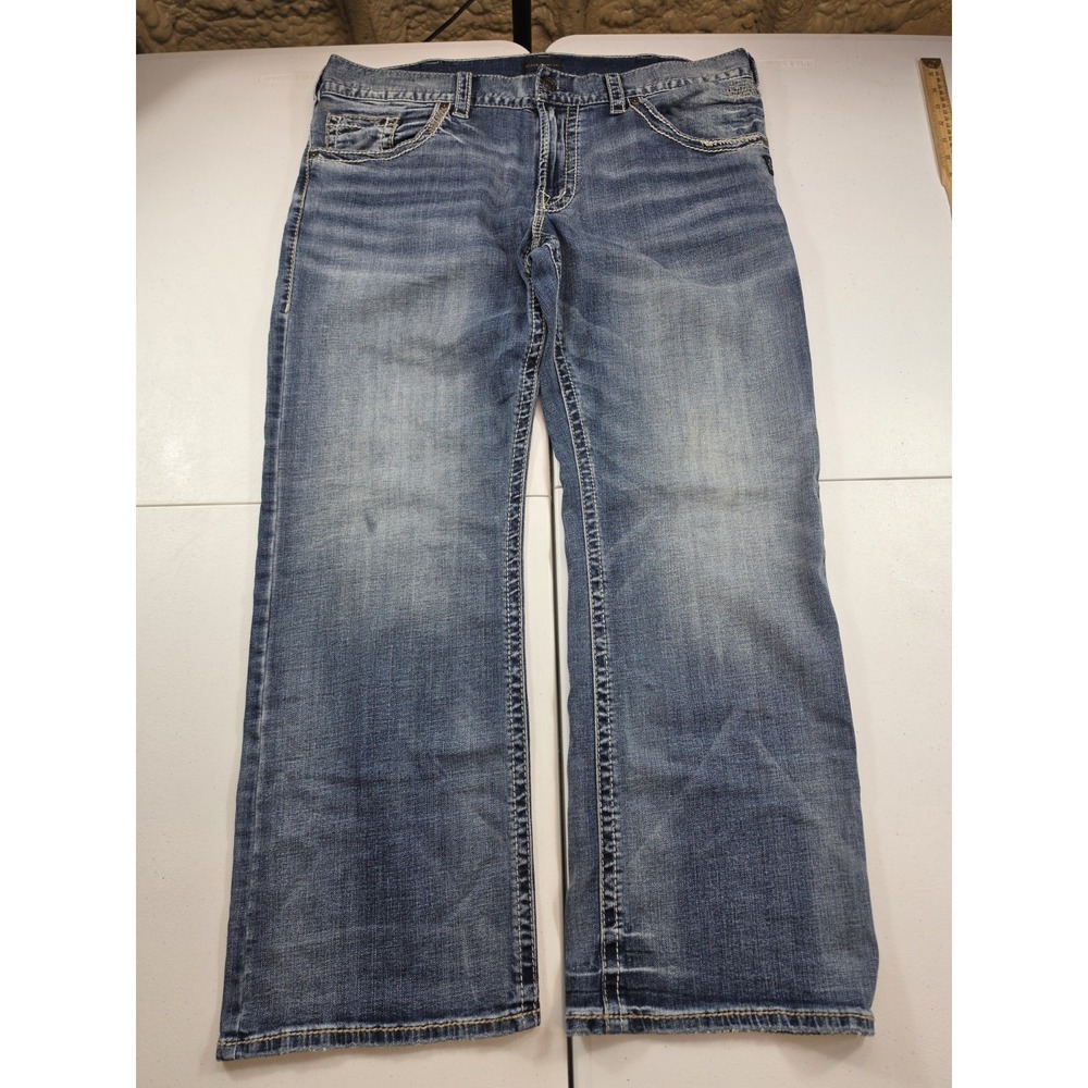 Silver Jeans Men 38x30 Blue Zac Relaxed Fit Straight Leg Whiskered Heavy Western